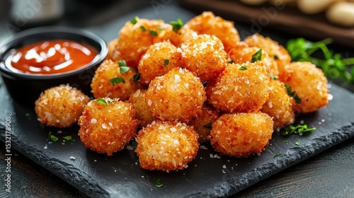 Crispy golden tater tots sprinkled with herbs and salt, served with a side of ketchup on a black slate plate.