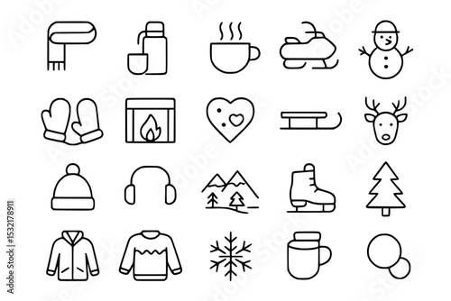 Winter Icon Collection: Minimalist Line Art Symbols Including Snowflakes, Ice Skating, Hot Cocoa, Sledding, Snowman, Reindeer, Mittens, Christmas Tree, Winter Clothes. Adjustable Outline Weight