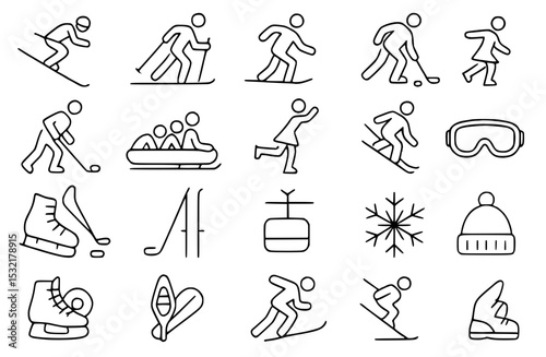 Winter Sports Icon Collection: Minimalist Line Art Symbols for Skiing, Snowboarding, Ice Skating, Hockey, Bobsleigh, Speed Skating, and Curling – Customisable Outline and Stroke Weight