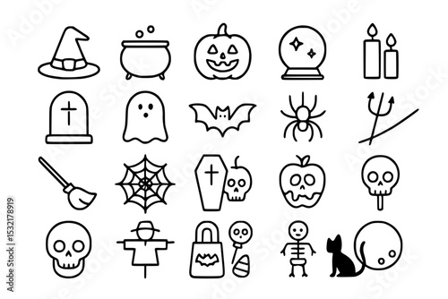 Halloween Icon Collection: Spooky Line Art Symbols Including Witch Hat, Ghosts, Pumpkins, Skulls, Candies, and Halloween Decorations. Adjustable outline, stroke, line weight.