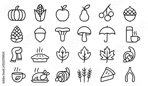 Minimalist Autumn Icon Set: Cozy Fall Symbols Including Harvest, Nature, Seasonal Foods, and Weather Elements in Line Art
