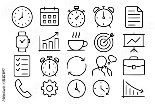 Minimalist Business & Time Management Line Icons: Productivity, Analytics & Office Set