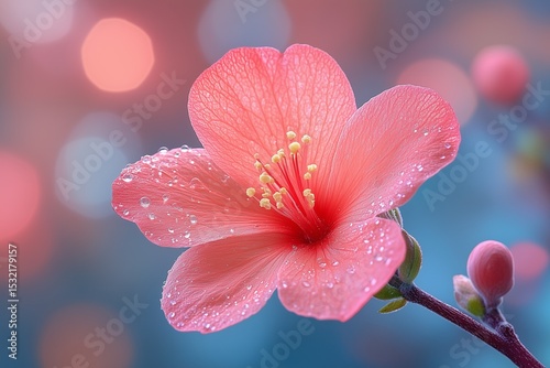 Bright pink flower with dew on the petals, capturing spring beauty and freshness