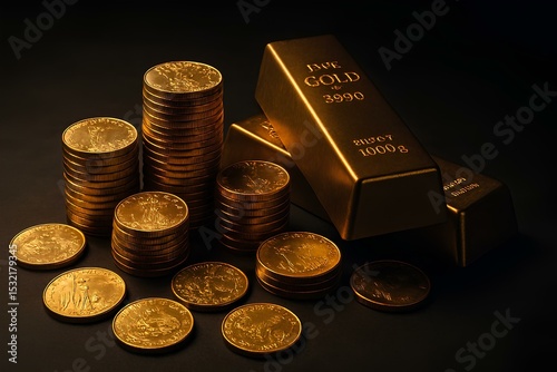 Gold coins and bars on a dark surface, illuminated by soft directional light