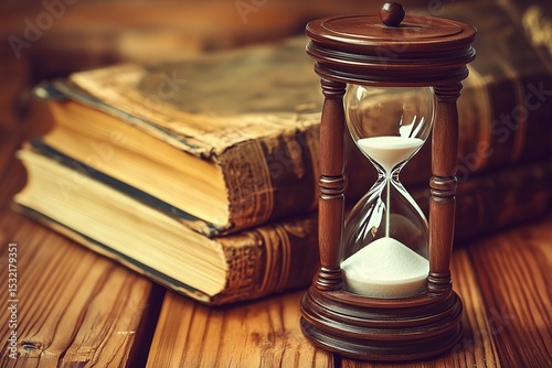 Vintage hourglass rests beside old books on a wooden table