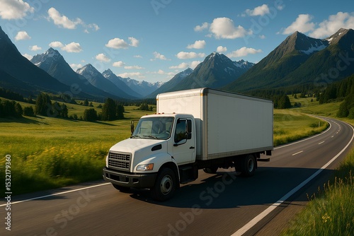 Delivery truck driving through a picturesque landscape with mountains in the background
