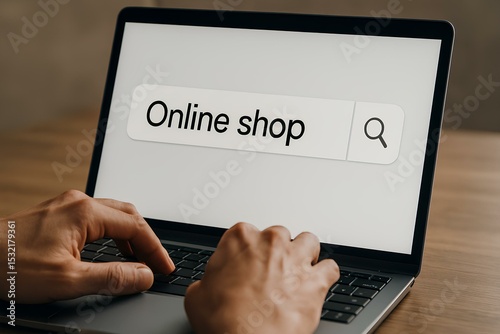 Close-up of a person's hands typing a search query on a laptop for an online store