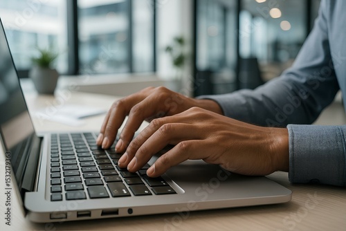 Close-up of hands typing on laptop keyboard in modern office