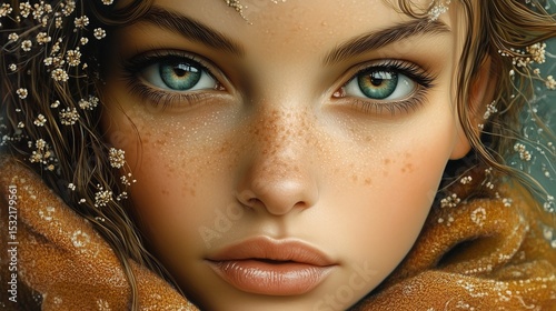 Portrait of a girl with curly hair and captivating eyes surrounded by leaves