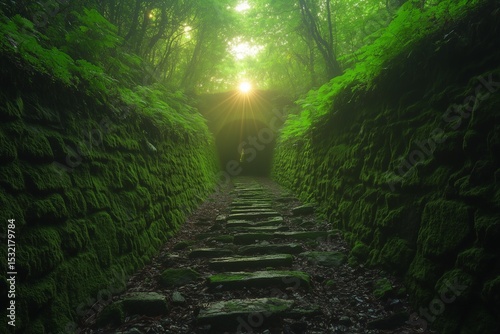 Moss-covered pathway through an ancient stone tunnel in a lush green forest