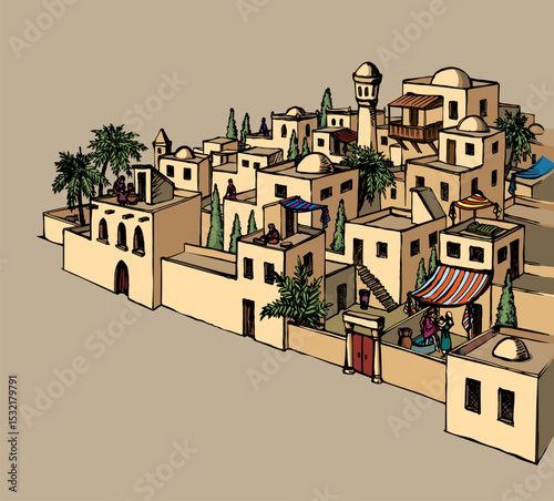 Vector drawing. Old arabic city