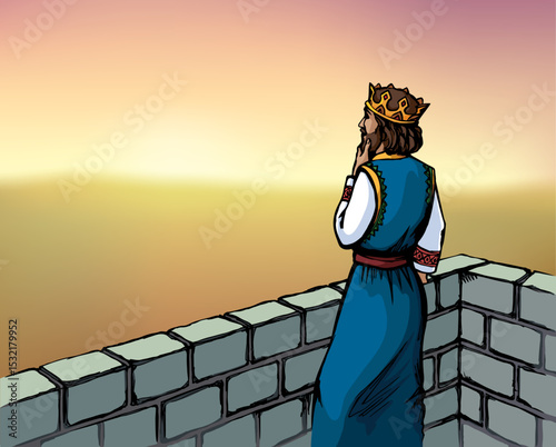 Vector drawing. King David on the roof of palace