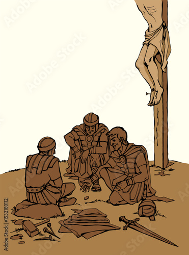 Vector drawing. Soldiers at the cross.