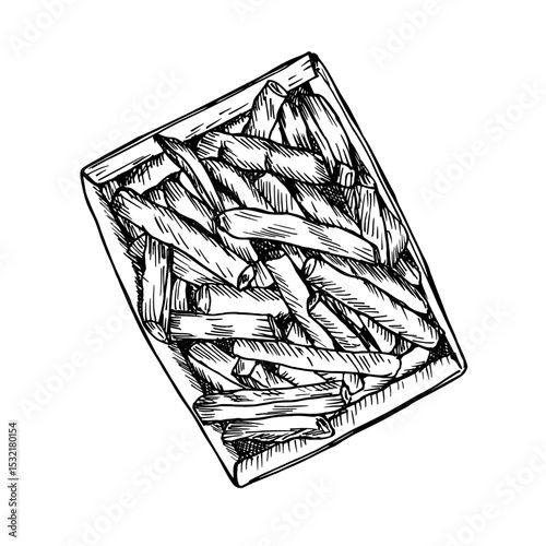 French fries sketch drawing illustration, fast food hand-drawn vector clipart. Potato chips, fried slices in engraving style, isolated on a white background