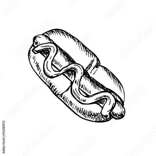 Hot dog outline sketch illustration. Sausage in a bread bun drawing in engraving style, fast food hand-drawn vector clipart isolated on a white background