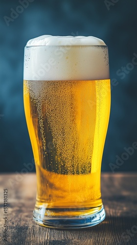 Refreshing golden beer served in a glass on a wooden table, phone wallpaper