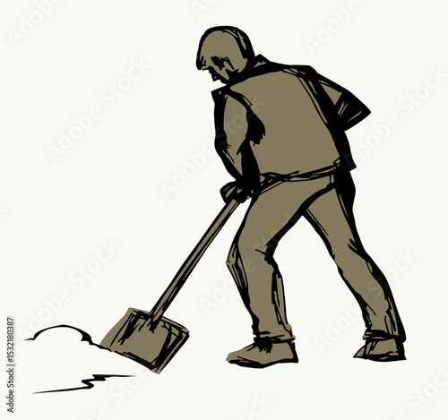 Vector Drawing. Man Cleaning Snow