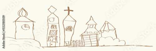 Old city street. Vector drawing in kids style