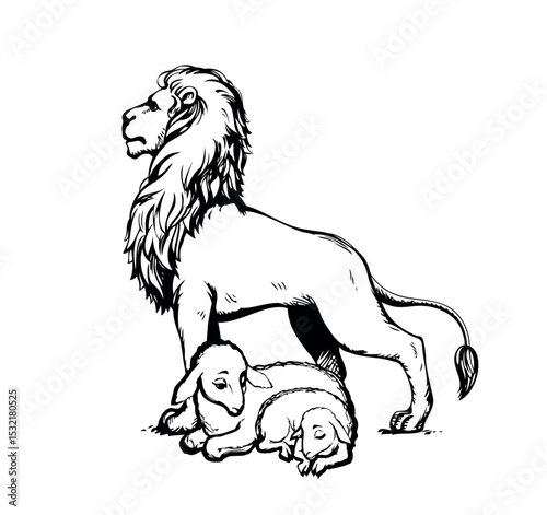 Vector drawing. Lion and lamb walks together