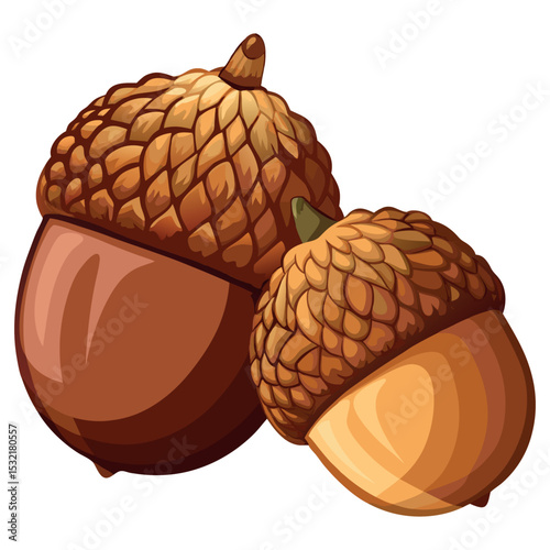 Stylized vector illustration of two acorns with detailed textured caps and smooth brown shells, isolated on white background. Perfect for autumn design, forest themes, nature graphics.