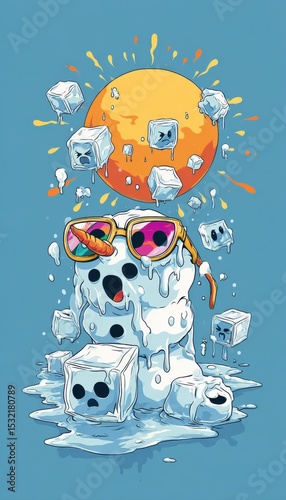 Retro Cartoon Snowman Melting Under Disco Sun with Ice Cubes