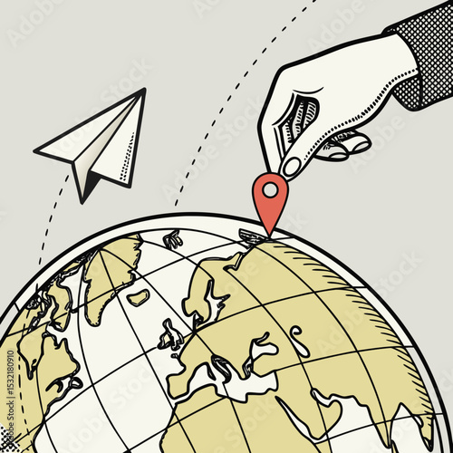 A hand plots a journey on a globe, a paper plane taking flight nearby