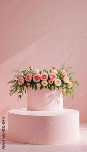 Elegant Pink Roses and Greenery on a Two Tiered Pastel Display