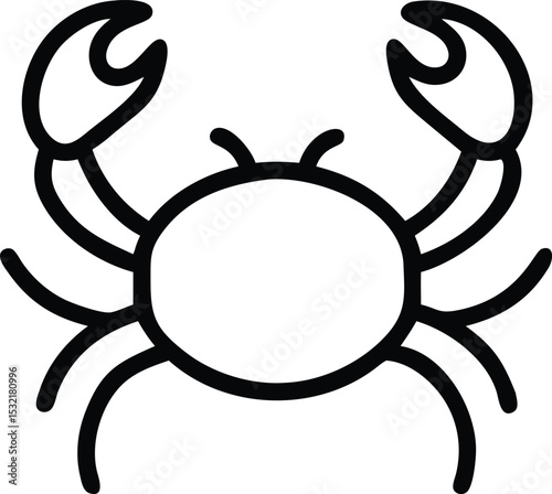 Simple outlined drawing depicts a crab with large claws and thin legs
