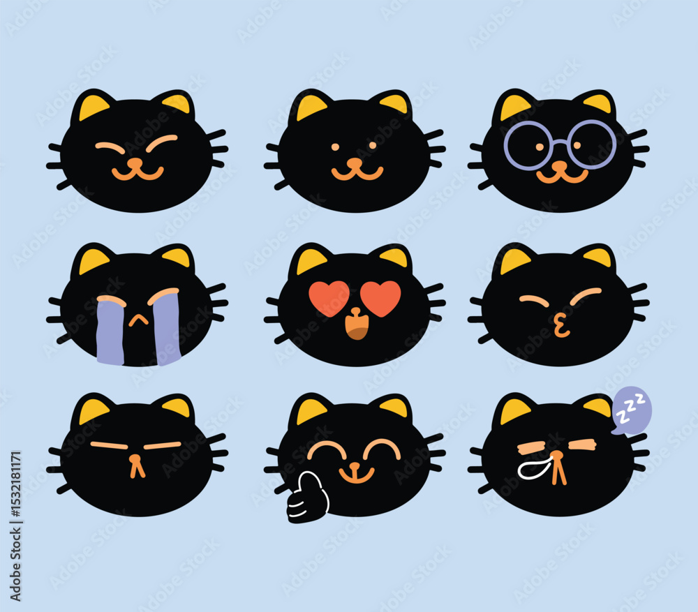 Fototapeta premium Black cat with different expression hand drawn