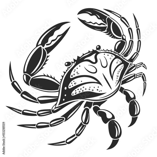 Artistic monochrome crab features intricate pattern details and prominent claws, creating an engaging vector