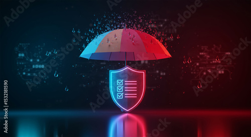 Cybersecurity and insurance concept with 3D umbrella protecting a glowing shield icon, representing data protection, risk management, and digital safety.