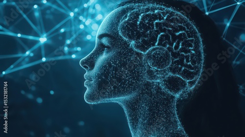 Digital representation of a human head with brain and connecting network in blue tones