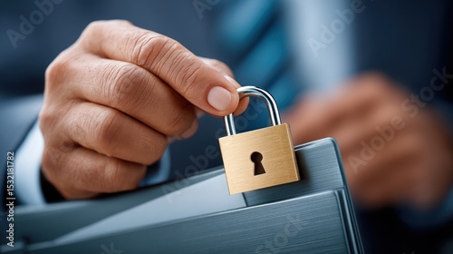 Close up of a hand holding a small gold padlock over a gray file security