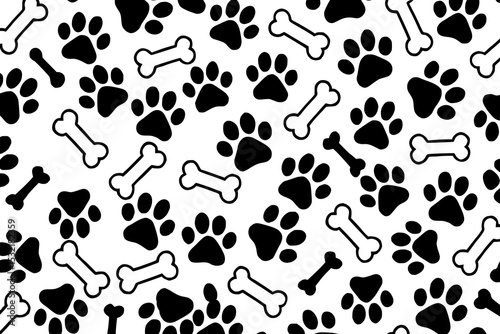 Seamless vector pattern featuring black paw prints and white dog bones on a white background, perfect for pet-related products, children's items, and animal-themed projects