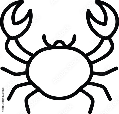 Simplified outline of a crab with its pincers raised on a clean white backdrop