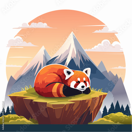 A red panda naps peacefully atop a rocky outcrop, overlooking a majestic mountain range at sunset.