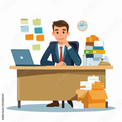 Confident businessman sits at his cluttered desk, reviewing paperwork and notes.