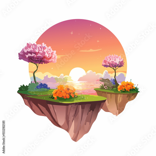 Serene sunset over floating islands with blossoming trees and vibrant flowers.