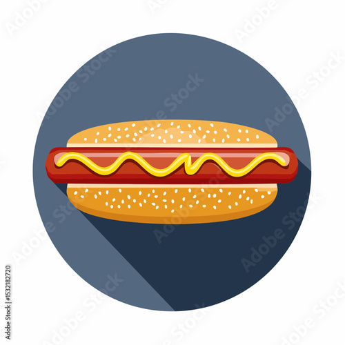 A delicious hot dog with mustard, presented on a dark blue circle.