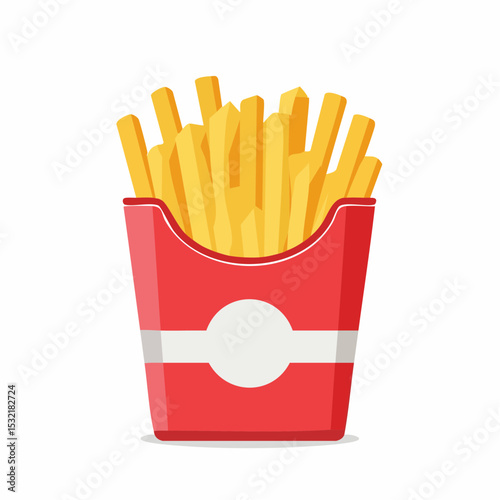 A serving of golden french fries in a classic red takeout container.
