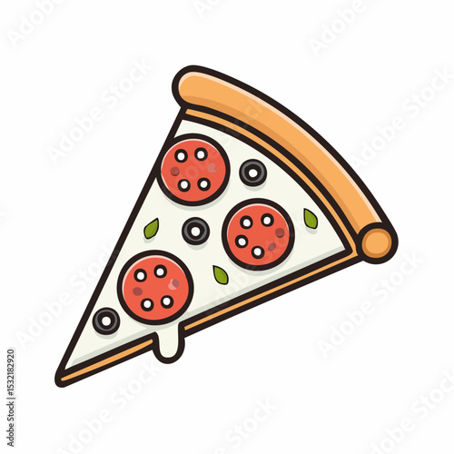 A cartoon illustration of a single slice of pizza with pepperoni and olives.