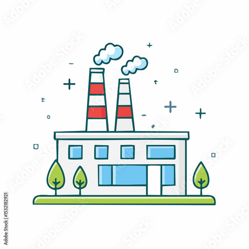 Cartoon illustration of a factory building with smokestacks emitting pollution into the air.