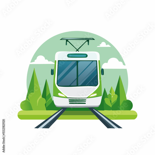 A stylized illustration of a green and white tram traveling on tracks, surrounded by trees and clouds.