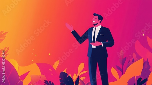Illustration of a man in a suit gesturing against a vibrant orange and pink botanical background