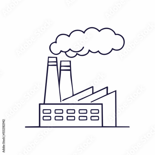 Simple line drawing of a factory emitting pollution from its smokestacks.