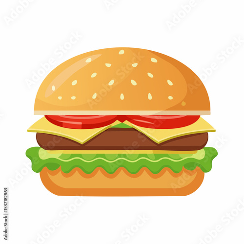 Cartoon illustration of a classic cheeseburger with sesame seed bun, patty, cheese, lettuce, and tomato.