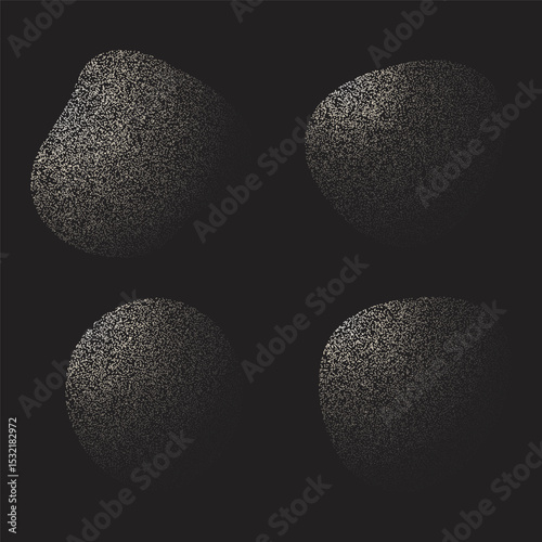 Monochrome halftone liquid shapes with grain texture on black