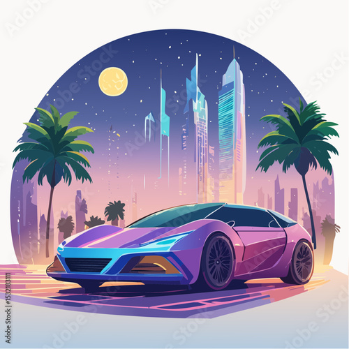 A sleek, futuristic sports car parked in front of a vibrant city skyline at night.