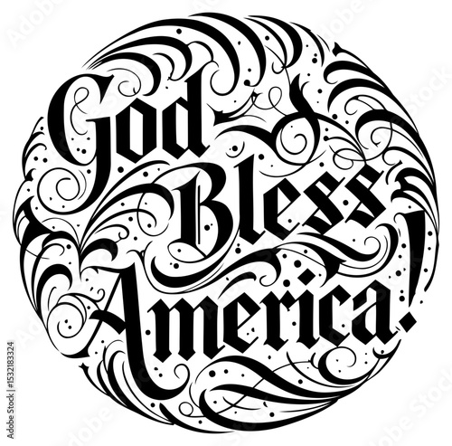 God Bless America decorative typography design. Ornate lettering with swirls and flourishes. Graphic design element for patriotic or inspirational use. USA -
