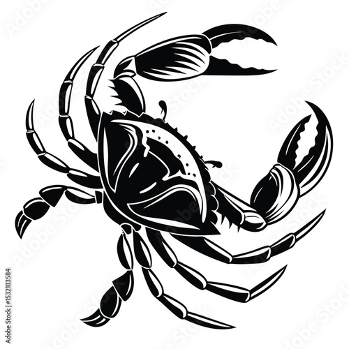 Bold monochrome silhouette depicts a crab with detailed claws, showing intricate design elements